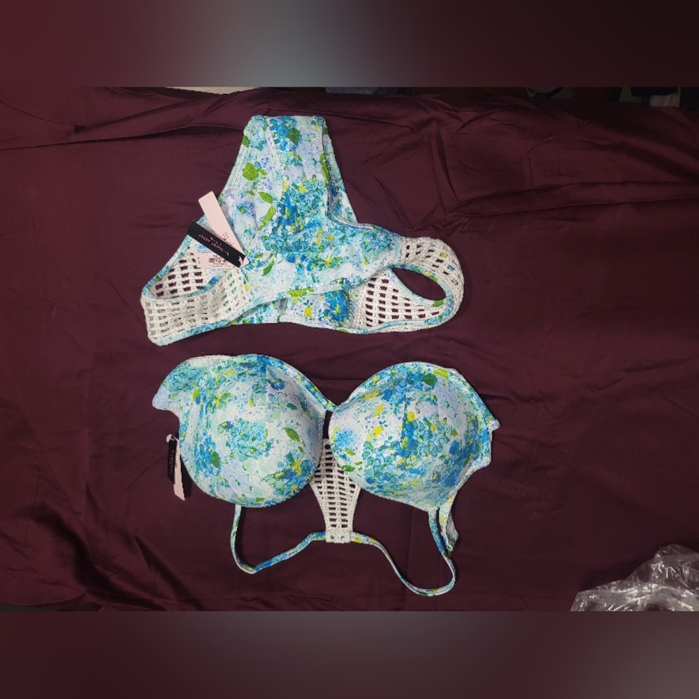 VS CROCHET RACERBACK BIKINI SET FLORAL TOP 36d BOTTOM M